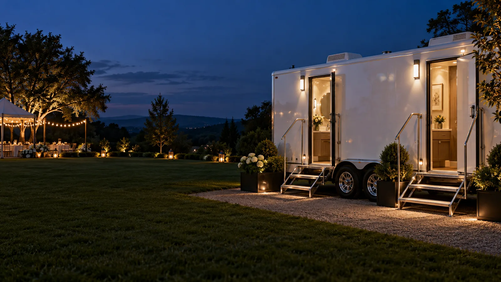 Luxury restroom trailer prepared for an evening outdoor event